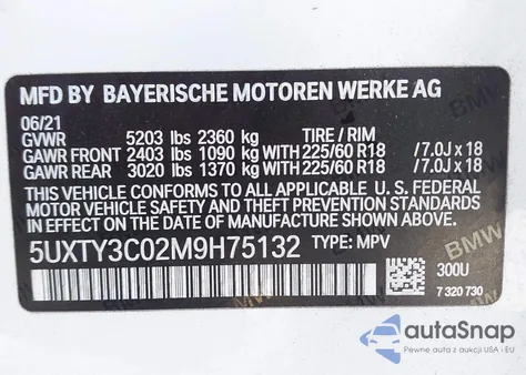 2021 BMW X3 Sdrive30I from USA, damaged, VIN 5UXTY3C02M9H75132